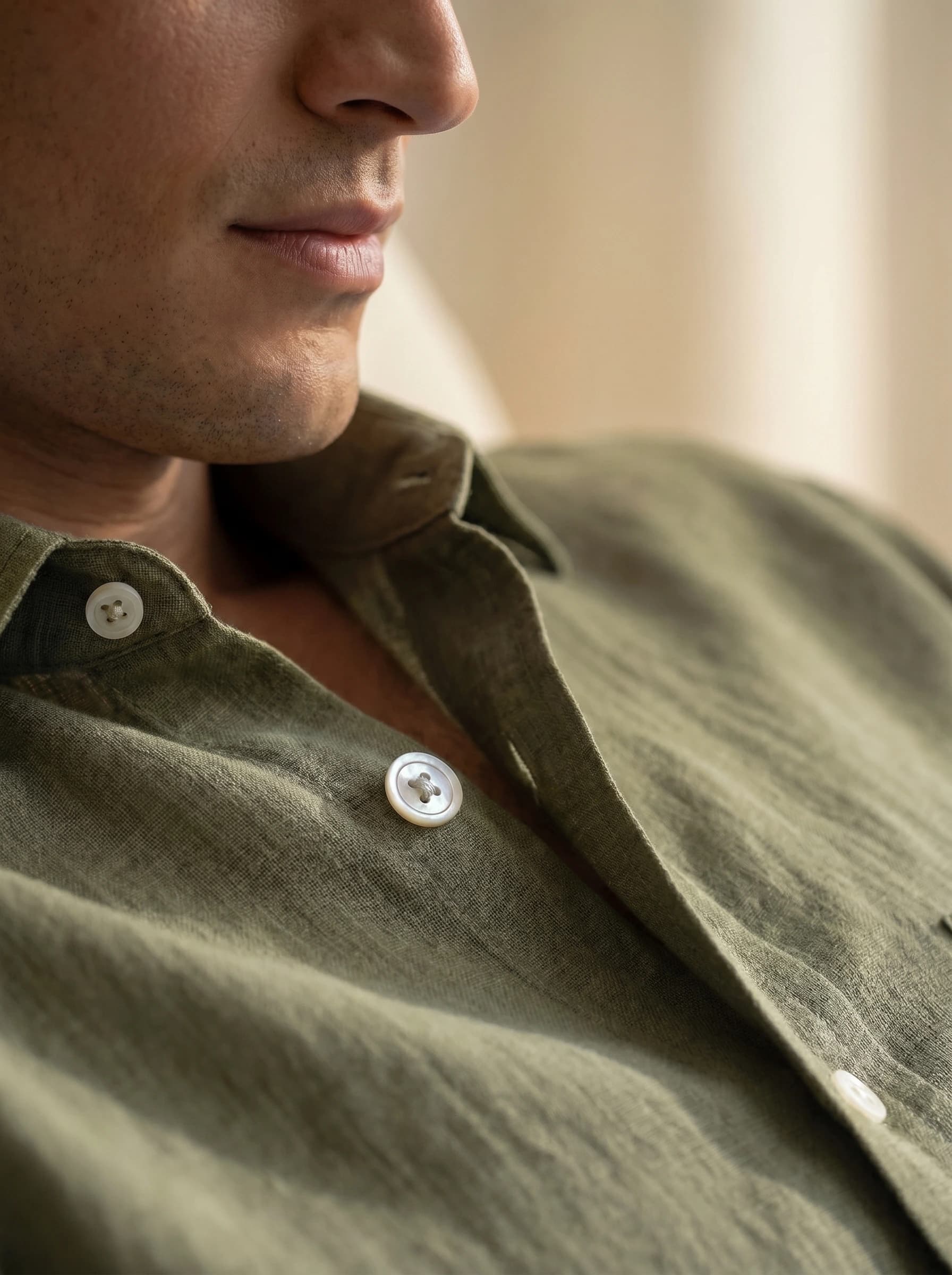 Close-up detail shot of mother of pearl button sewn onto olive shirt