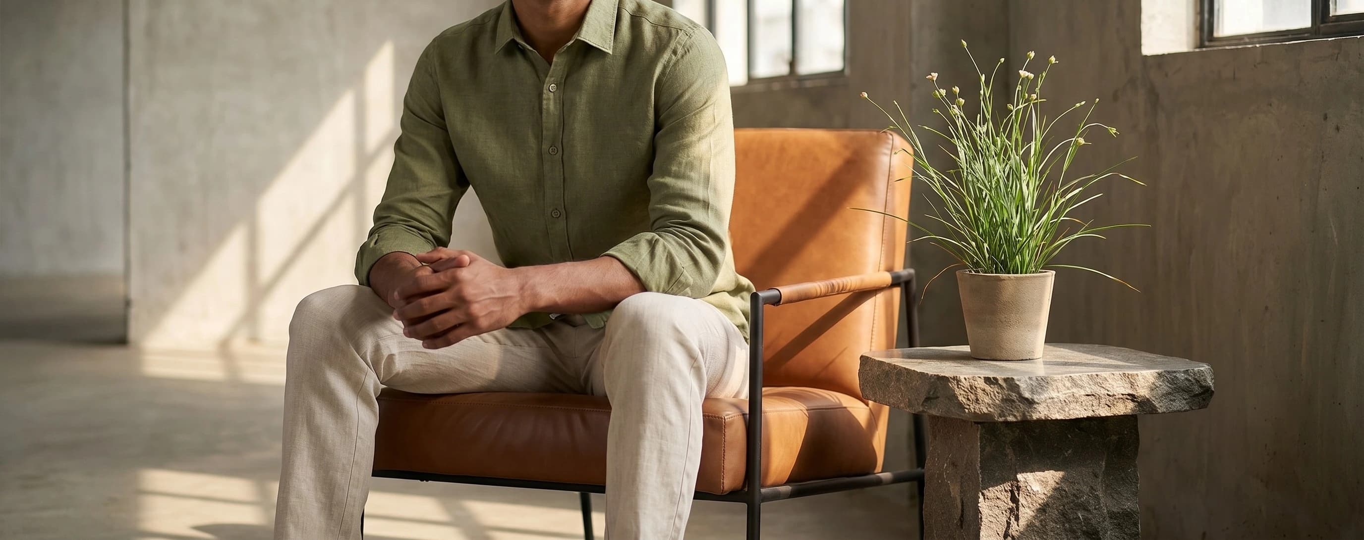 Model seated wearing premium linen clothing line
