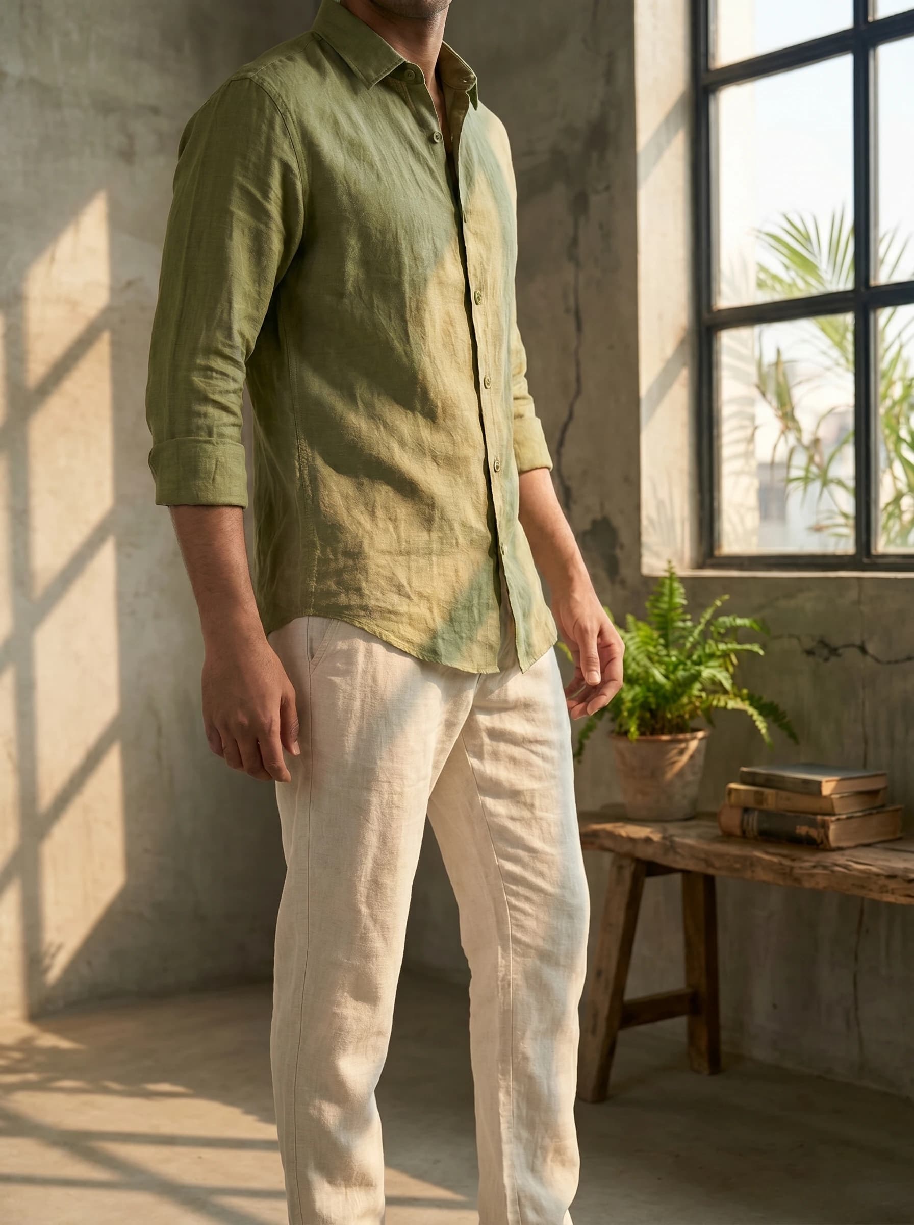 Full portrait layout stance of olive green linen shirt