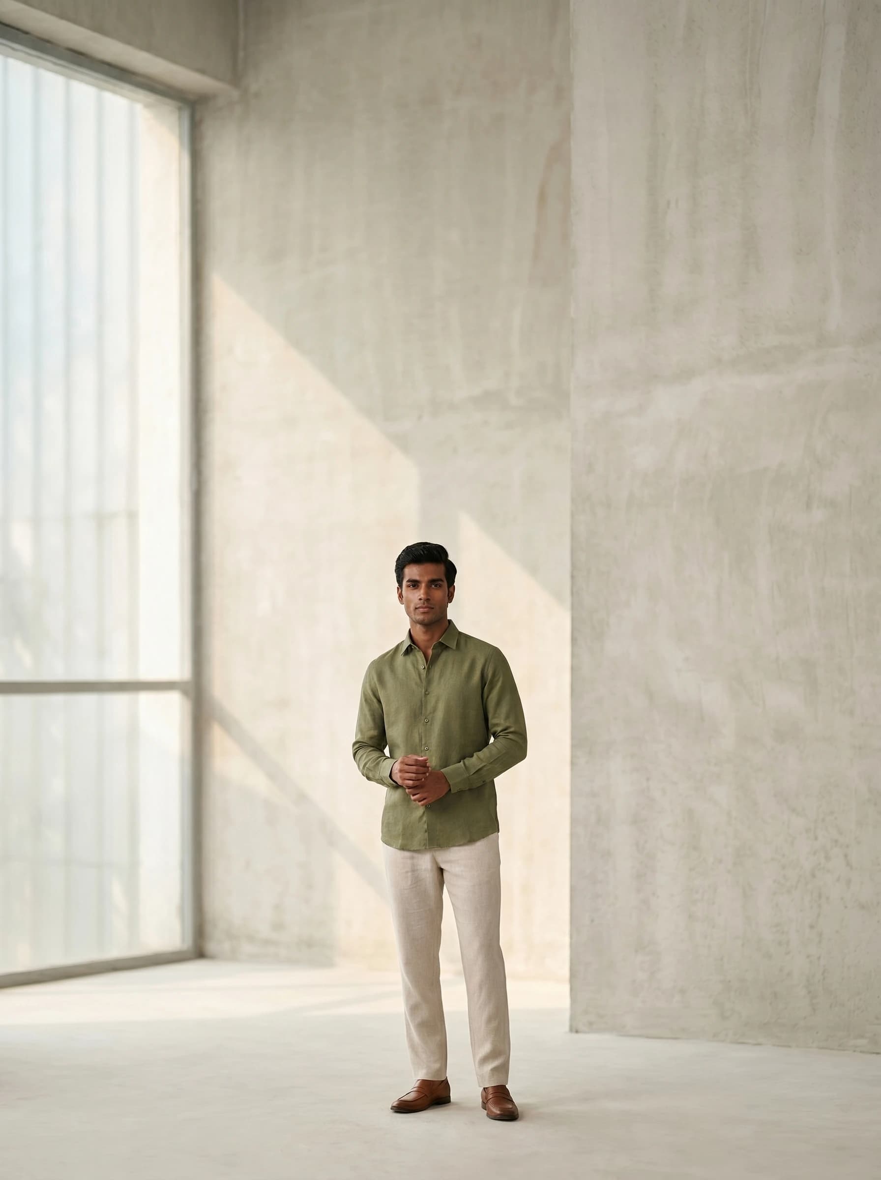 Olive Green Linen Fabric Shirt - View 1